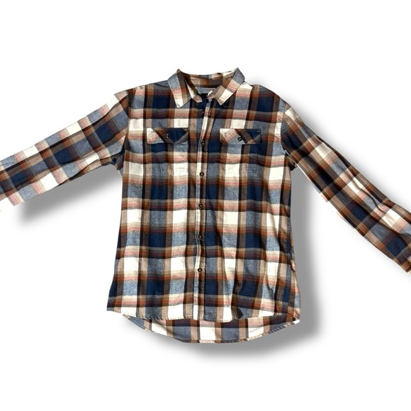 Burnside Men's Casual Plaid Long Cuffed Sleeve Flannel Blue/Brown Button Down - Picture 7 of 16